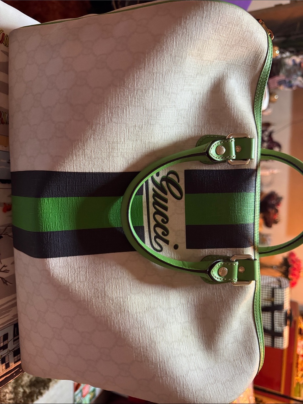 Gucci Cream Canvas Tote with Green & Black Stripe